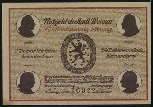 Notgeld Weimar, 1921, 25 Pfennig, Schillerhaus und Stadtwappen mit historischen Persönlichkeiten