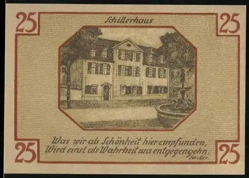 Notgeld Weimar, 1921, 25 Pfennig, Schillerhaus und Stadtwappen mit Dichterportraits