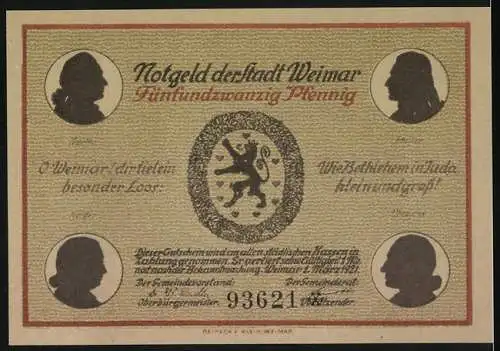 Notgeld Weimar, 1921, 25 Pfennig, Schillerhaus und Stadtwappen mit Dichterportraits