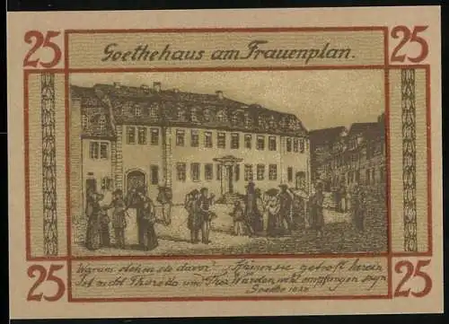 Notgeld Weimar, 1921, 25 Pfennig, Goethehaus am Frauenplan und Wappen der Stadt