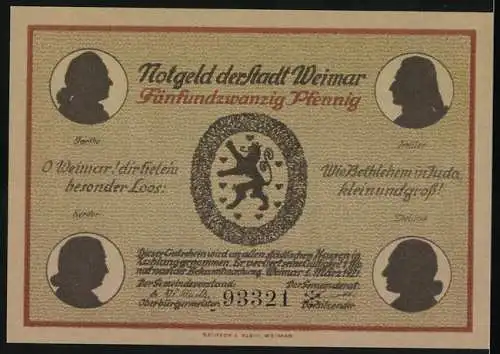 Notgeld Weimar, 1921, 25 Pfennig, Goethehaus am Frauenplan und Wappen der Stadt