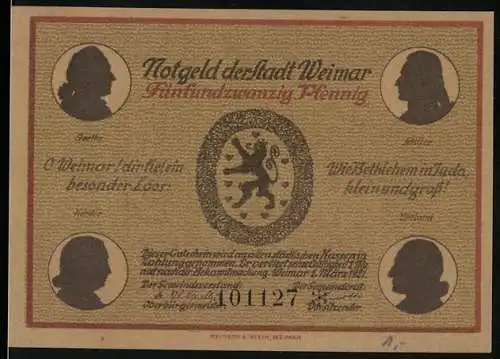 Notgeld Weimar, 1921, 25 Pfennig, Goethe-Theater und Goethe-Schiller-Denkmal