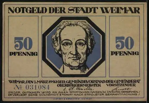 Notgeld Weimar, 1921, 50 Pfennig, Stadtansicht und Portrait Goethe