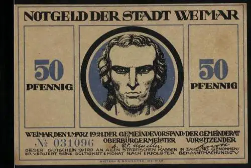 Notgeld Weimar, 1921, 50 Pfennig, Porträt Schiller auf Vorderseite und Jagdszene auf Rückseite