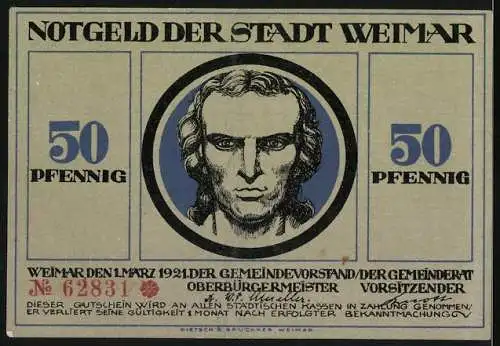 Notgeld Weimar 1921, 50 Pfennig, Porträt Schiller und Jagdszene mit Spruch