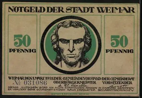 Notgeld Weimar 1921, 50 Pfennig, Szene mit Weinlese und Porträt Schiller auf grünem Hintergrund