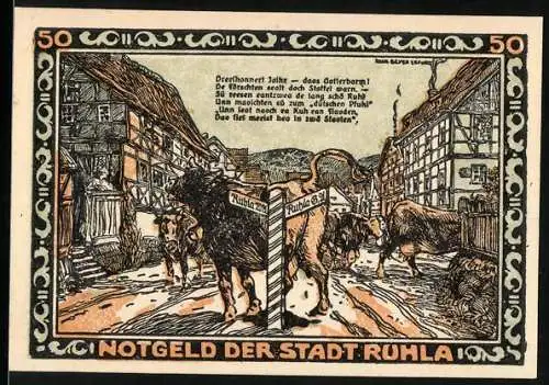 Notgeld Ruhla 1921, 50 Pfennig, Vieh auf Strasse und Altstadt-Szene