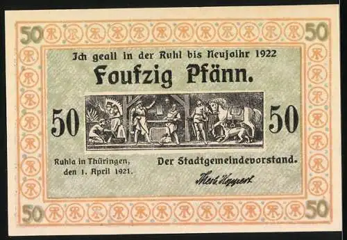 Notgeld Ruhla 1921, 50 Pfennig, Vieh auf Strasse und Altstadt-Szene