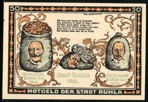 Notgeld Ruhla, 1921, 50 Pfennig, Drei Köpfe in Säcken, Stadtmotiv, Rückseite Werkstatt-Szene