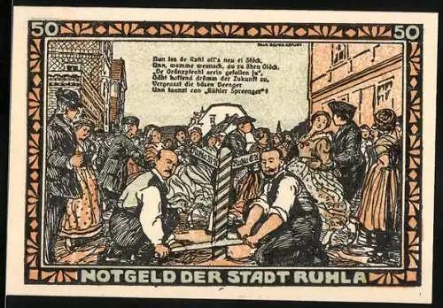 Notgeld Ruhla, 1921, 50 Pfennig, Stadtansicht und mittelalterliche Szenen