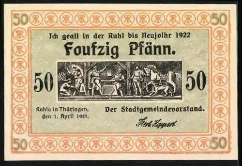 Notgeld Ruhla, 1921, 50 Pfennig, Stadtansicht und mittelalterliche Szenen