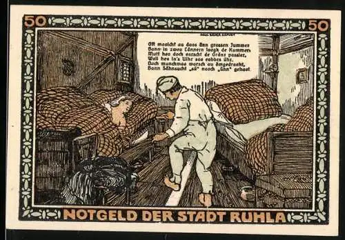 Notgeld Ruhla 1921, 50 Pfennig, traditionelle Szene in Schlafkammer und mittelalterliches Handwerk