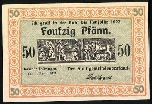 Notgeld Ruhla 1921, 50 Pfennig, traditionelle Szene in Schlafkammer und mittelalterliches Handwerk