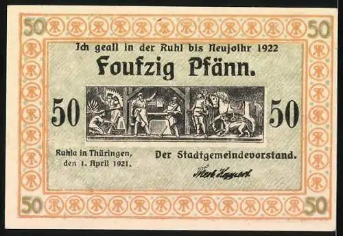 Notgeld Ruhla 1921, 50 Pfennig, Tanzszene und historische Darstellung