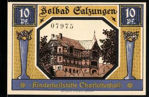 Notgeld Bad Salzungen, 1921, 10 Pf, Kinderheilstätte Charlottenhall und Stadtszene mit Wappen