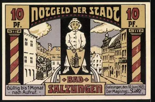 Notgeld Bad Salzungen, 1921, 10 Pf, Kinderheilstätte Charlottenhall und Stadtszene mit Wappen