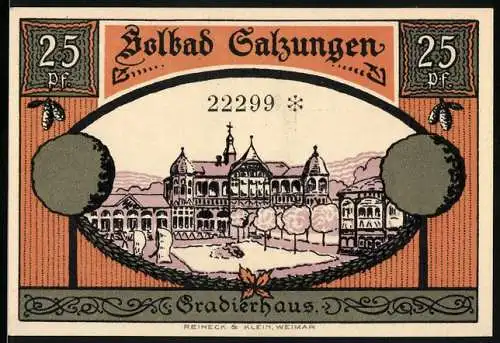 Notgeld Bad Salzungen 1921, 25 Pfennig, Gradierhaus und Stadtansicht, Gültig bis 1 Monat nach Aufruf