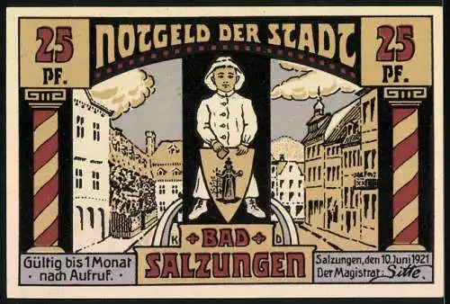 Notgeld Bad Salzungen 1921, 25 Pfennig, Gradierhaus und Stadtansicht, Gültig bis 1 Monat nach Aufruf