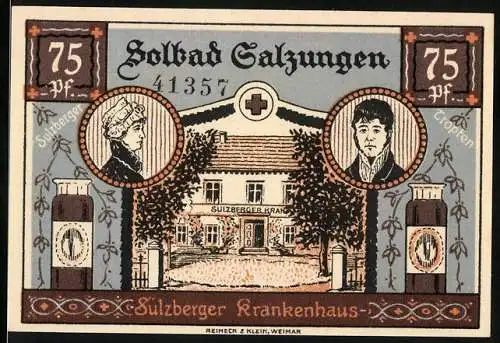 Notgeld Bad Salzungen, 1921, 95 Pf Stempel 75 Pf, Sulzberger Krankenhaus, Stadtansicht und Person mit Schwert