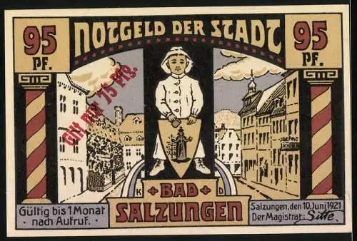 Notgeld Bad Salzungen, 1921, 95 Pf Stempel 75 Pf, Sulzberger Krankenhaus, Stadtansicht und Person mit Schwert