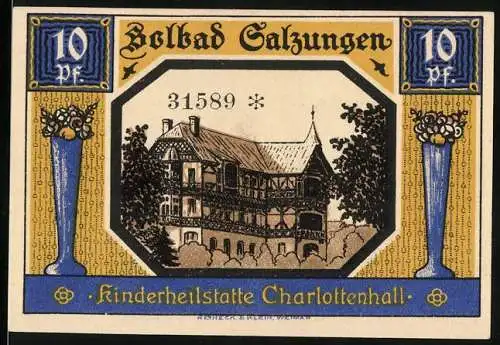 Notgeld Bad Salzungen, 1921, 10 Pf, Vorderseite Kinderheilstätte Charlottenhall, Rückseite Stadtansicht und Wappen