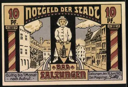 Notgeld Bad Salzungen, 1921, 10 Pf, Vorderseite Kinderheilstätte Charlottenhall, Rückseite Stadtansicht und Wappen