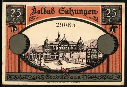 Notgeld Bad Salzungen, 1921, 25 Pf, Vorderseite Gradirhaus und Rückseite Stadtansicht mit Wappen und Datum