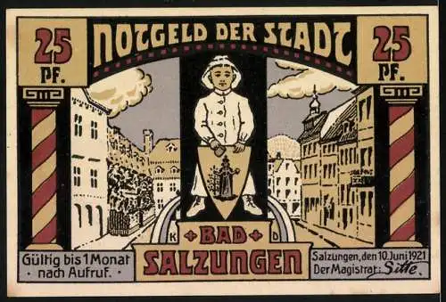 Notgeld Bad Salzungen, 1921, 25 Pf, Vorderseite Gradirhaus und Rückseite Stadtansicht mit Wappen und Datum