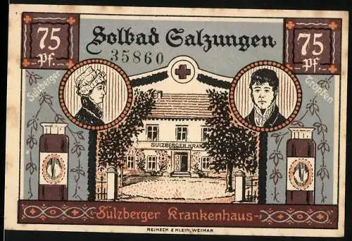 Notgeld Bad Salzungen 1921, 95 Pf Stempel 75 Pf, Solzberger Krankenhaus und Stadtansicht, gültig bis 1 Monat nach Aufruf