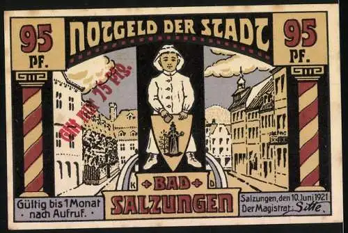 Notgeld Bad Salzungen 1921, 95 Pf Stempel 75 Pf, Solzberger Krankenhaus und Stadtansicht, gültig bis 1 Monat nach Aufruf