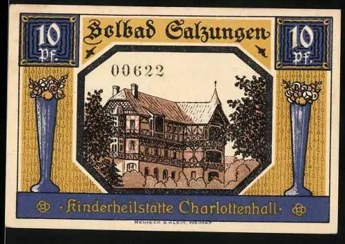 Notgeld Bad Salzungen, 1921, 10 Pf, Kinderheilstätte Charlottenhall und Stadtansicht mit Wappen und Knabe