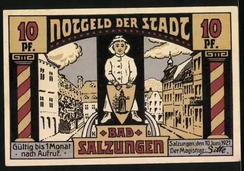 Notgeld Bad Salzungen, 1921, 10 Pf, Kinderheilstätte Charlottenhall und Stadtansicht mit Wappen und Knabe