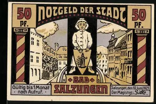 Notgeld Bad Salzungen, 1921, 50 Pf, Stadtszenen und Kurhausabbildung