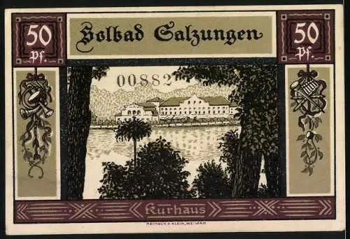 Notgeld Bad Salzungen, 1921, 50 Pf, Stadtszenen und Kurhausabbildung