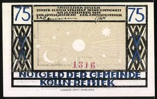 Notgeld Kölln Reisiek 1921, 75 Pfennig, Monatsdarstellung und astronomische Motive