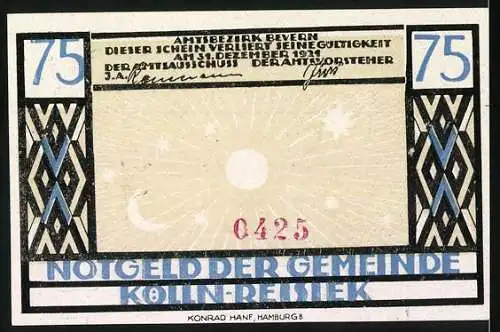 Notgeld Kölln Reisiek, 1921, 75 Pfennig, Motiv mit Jäger und Hirsch, Dezember und November Text