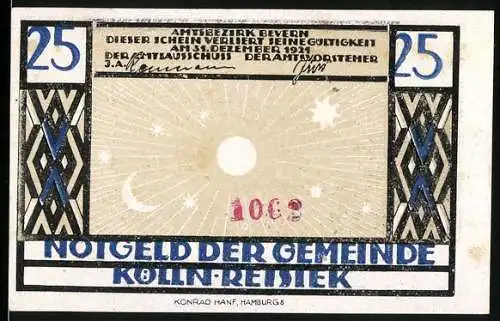 Notgeld Kölln Reisiek 1921, 25 Pfennig, Sonne, Mond, Sterne, Ziegen und Kühe