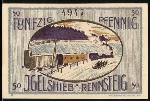 Notgeld Igelshieb am Rennsteig, 1921, 50 Pfennig, Zug mit Schlittenfahrt und Wald