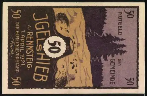 Notgeld Igelshieb am Rennsteig, 1921, 50 Pfennig, Zug mit Schlittenfahrt und Wald