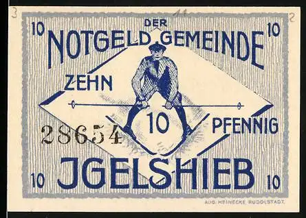 Notgeld Igelshieb, 1921, 10 Pfennig, Vorderseite & Rückseite Skifahrer