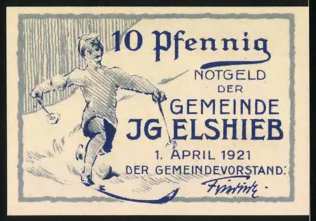 Notgeld Igelshieb, 1921, 10 Pfennig, Vorderseite & Rückseite Skifahrer