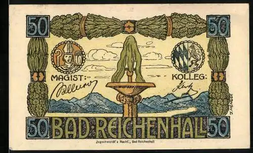 Notgeld Bad Reichenhall, 1919, 50 Pf, Kriegsgeld mit Landschaft und Brunnen, Signaturen von Magistrat