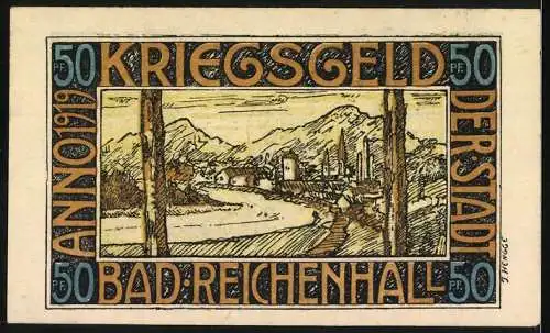 Notgeld Bad Reichenhall, 1919, 50 Pf, Kriegsgeld mit Landschaft und Brunnen, Signaturen von Magistrat