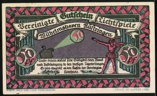 Notgeld Wilhelmshaven 1921, 50 Pfennig, Seemann mit Schwert und Textband, Rückseite Lichtspielhaus-Szene