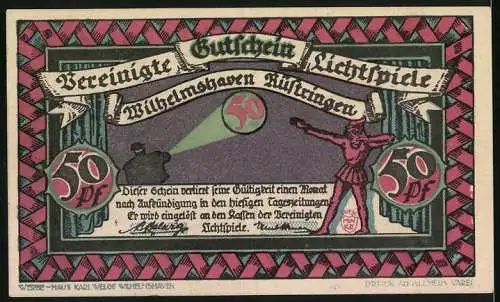 Notgeld Wilhelmshaven, 50 Pfennig, Historisches Seefahrtsmotiv und Gutschein für Lichtspiele