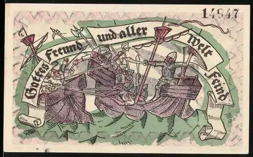 Notgeld Wilhelmshaven 1921, 50 Pfennig, Vereinigt Gutschein Lichtspiele, Gottes Freund und aller Welt Feind