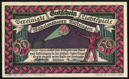 Notgeld Wilhelmshaven-Rüstringen, 1921, 50 Pfennig, Vereinigte Lichtspiele Gutschein mit Trauerszene