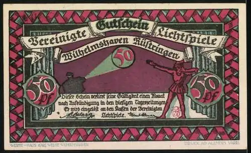 Notgeld Wilhelmshaven 1921, 50 Pfennig, Theaterstückszene und Kinoplakat-Design, Lichtspielhaus Bühnenszene