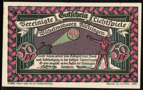 Notgeld Wilhelmshaven-Rüstringen, 1921, 50 Pf, Vereinigte Lichtspiele, Bergmann und Schatzkiste