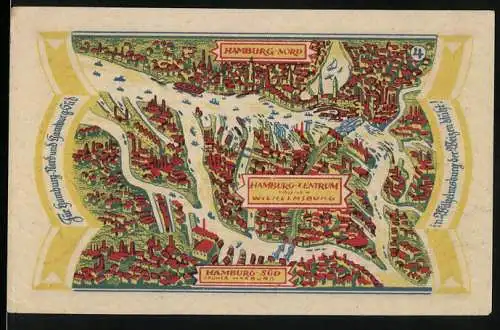 Notgeld Hamburg, 1921, 50 Pfennig, farbige Karte von Hamburg mit Stadtteilen und Wilhelmsburger Gutschein